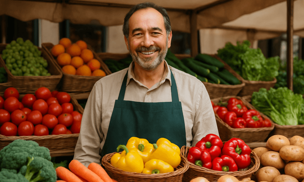 Happy merchant with fresh produce in grocery store